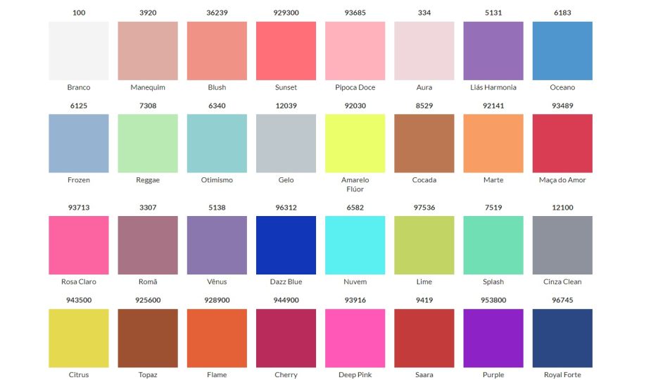 Tabela de cores de tecidos com nomes